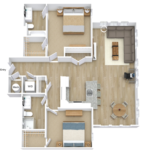 Floor plan for 2 beds, 2 baths, 1037 sqft